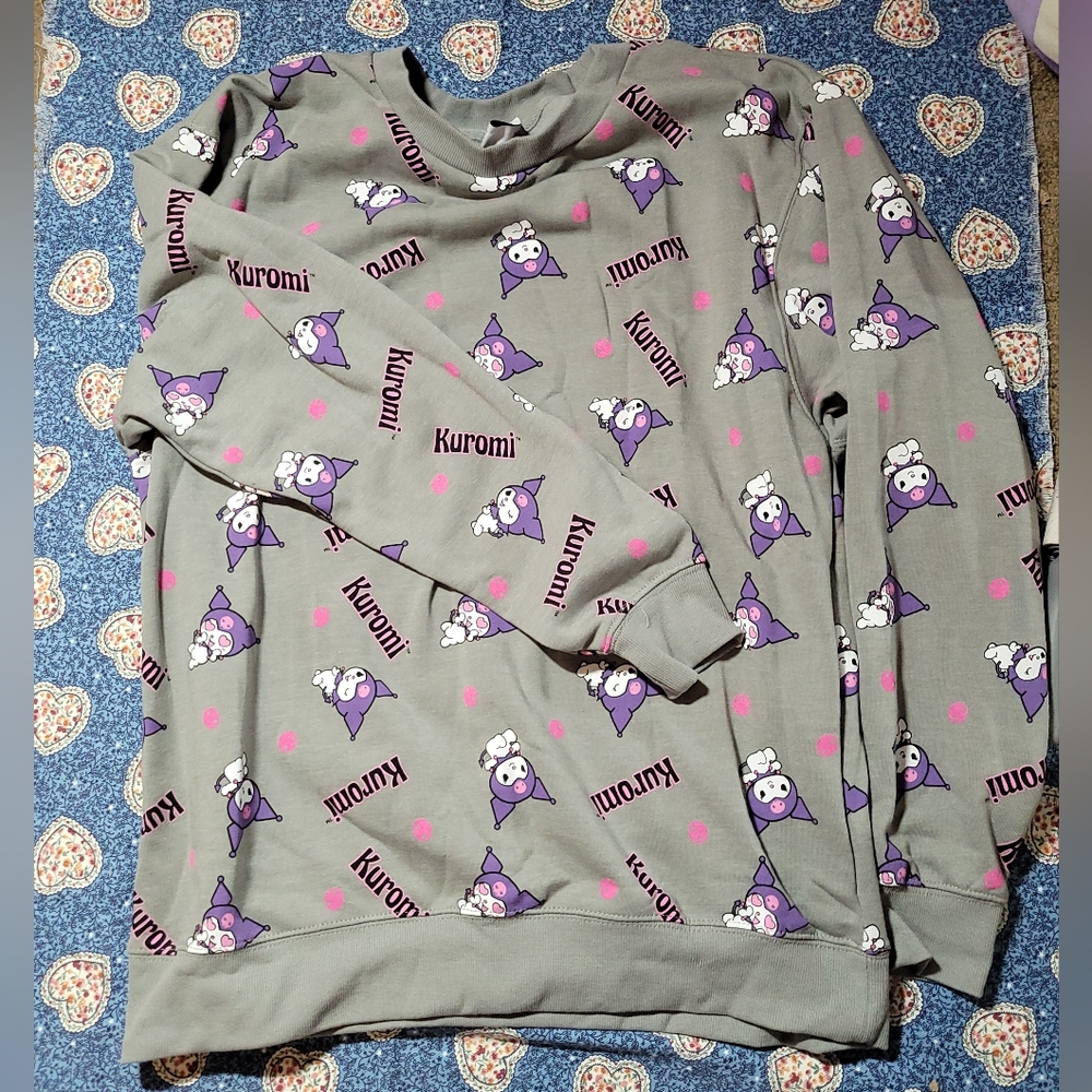 sanrio kuromi bioworld gray all-over print fleece sweatshirt
